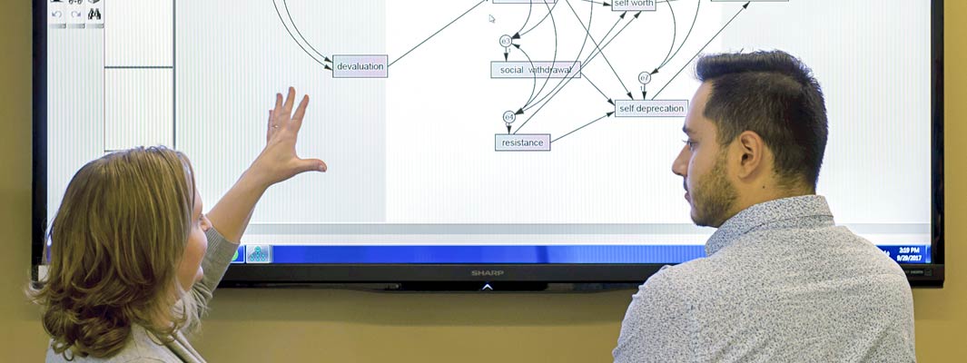 Two NEOMED researchers discuss a theory before a computer screen.