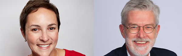 Elizabeth Cohen Menefee wearing a read shirt in front of a white background and Jeffrey Moore wearing a black suit jacket and tie in front of a white background